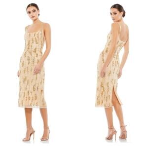 Mac Duggal Beaded Spaghetti Strap Midi Slip Dress Gold Size 12 NWT